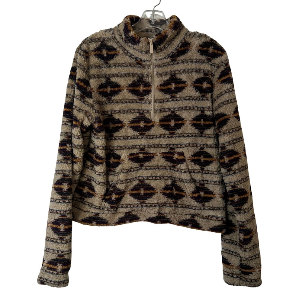 Aero Womens Southwestern Geometric Quarter Zip Sherpa Fleece Pullover Tan Large‎